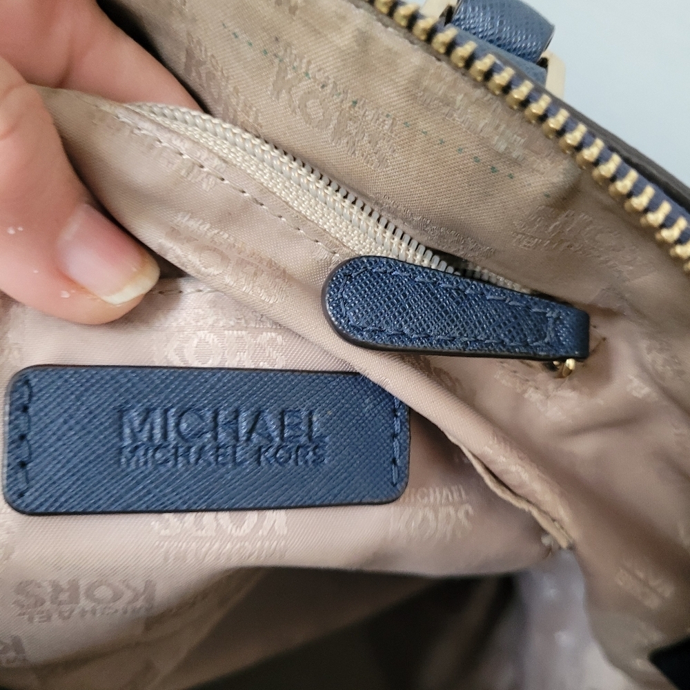 Michael Kors Navy Blue Ciara Satchel Bag With Brown Crossbody Strap - Picture 15 of 15